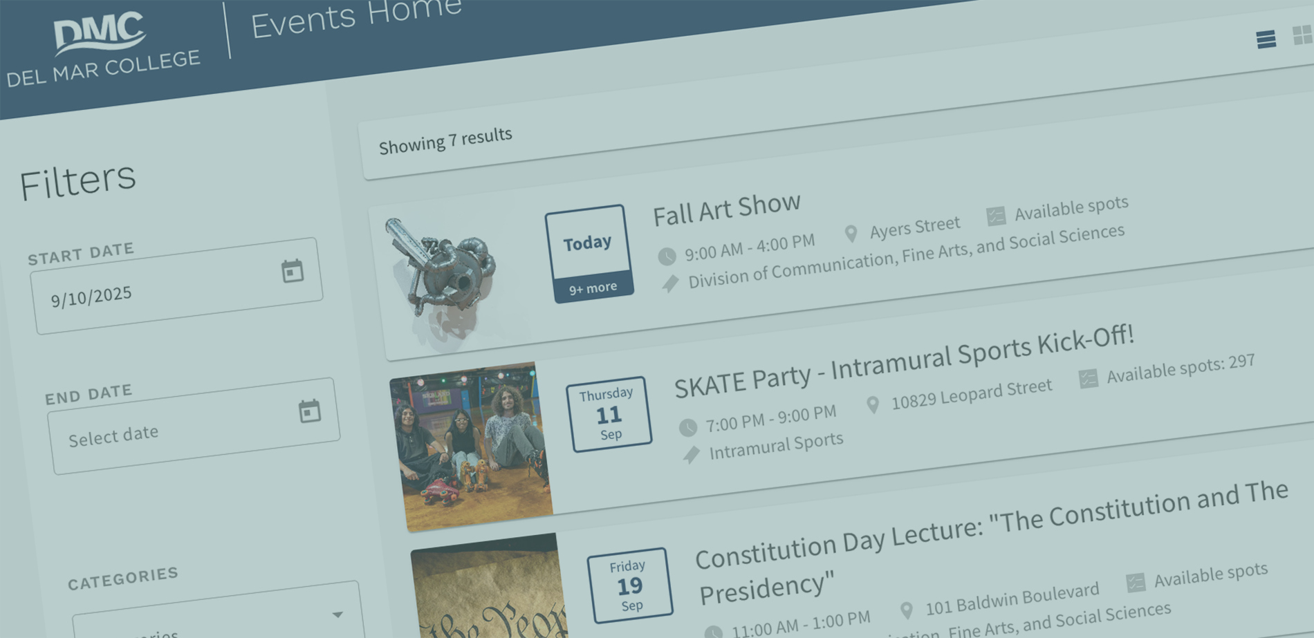 Screenshot of Events page